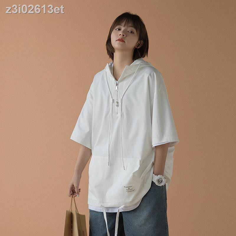 Mùa hè thủy triều thương hiệu màu tinh khiết có mũ trùm đầu áo phông ngắn tay nam và nữ theo xu hướng
