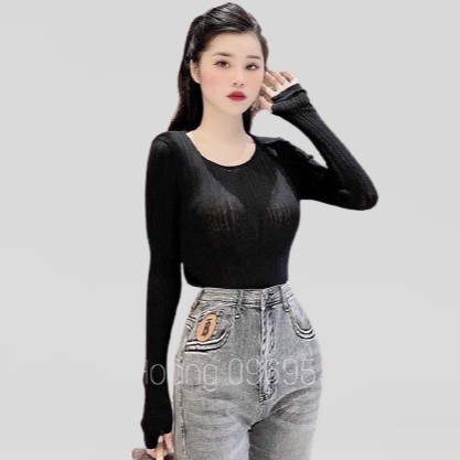 Áo croptop dài tay xỏ ngón vải tăm co giãn đủ màu