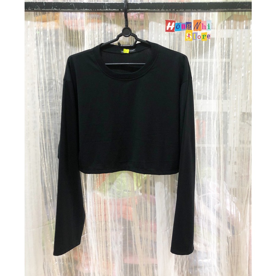 Áo Croptop Trơn Tay Dài Dáng Rộng Màu Đen Long Tee Ulzzang - MM
