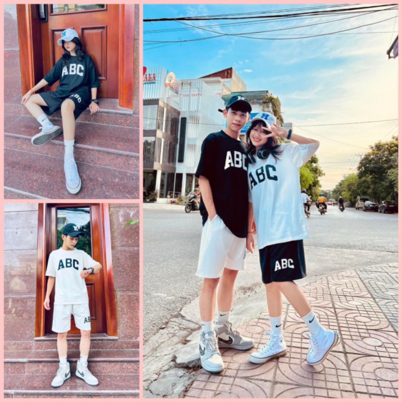 Sét đồ nam nữ Áo ABC unisex + quần short đùiChất cotton form thụng tay lỡForm &lt;55kg Bộ mặc nhà; đi chơi...