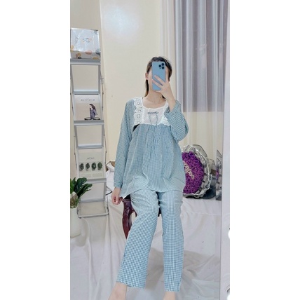 Bộ ngủ mặc nhà nữ cho bầu và sau sinh chất đũi hoạ tiết kẻ ô viền ren