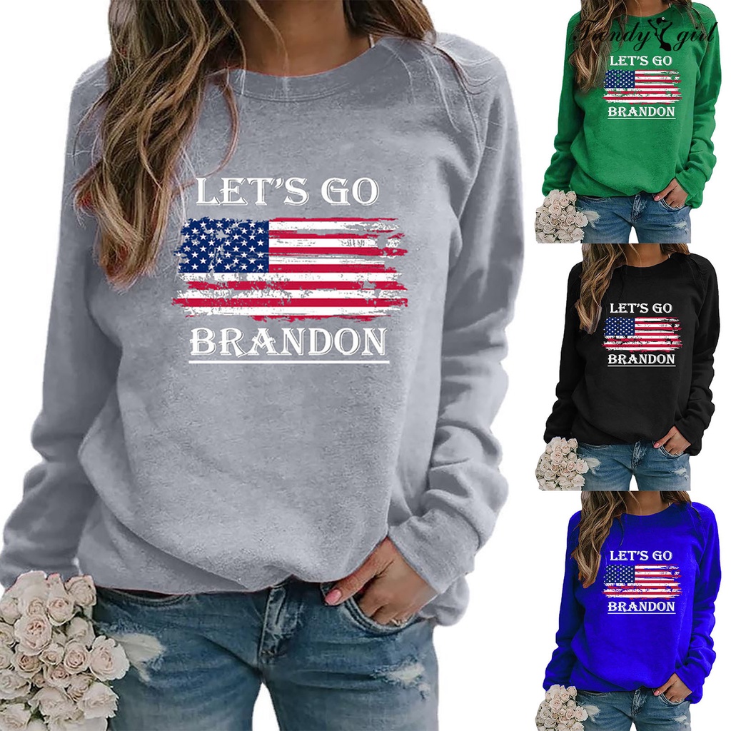 Áo Nỉ Tay Dài Cổ Tròn Dáng Rộng In Hình Cờ Mỹ Go Brandon Thời Trang Thu Đông
