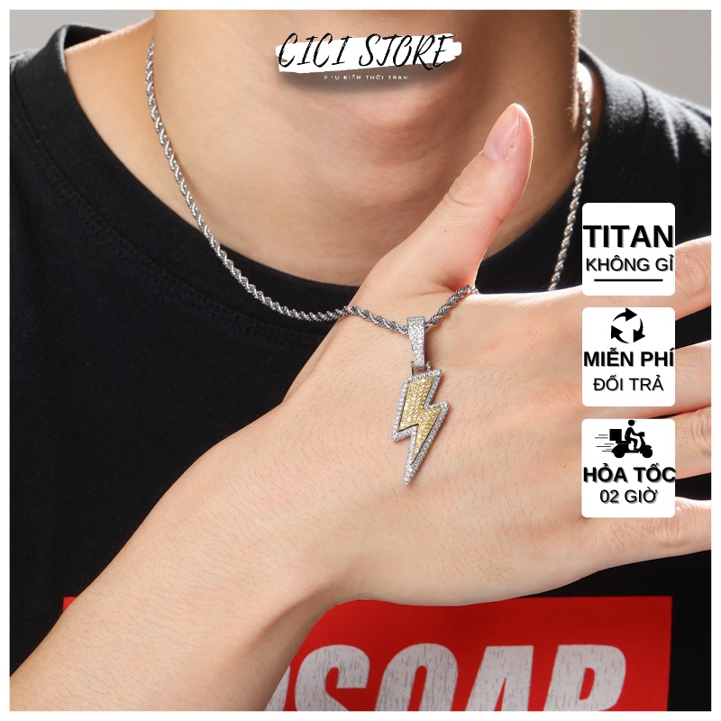 Dây Chuyền Nam Thép Titan Không Gỉ Hình Tia Chớp Đính Đá Phong Cách Hiphop