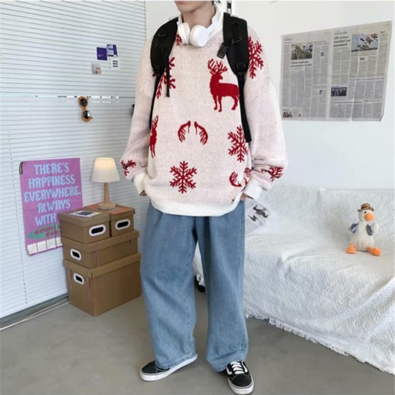 Áo sweater cổ tròn dáng rộng in hình tuần lộc/hoa tuyết giáng sinh phong cách Nhật Bản thời trang cho nam size M-2XL