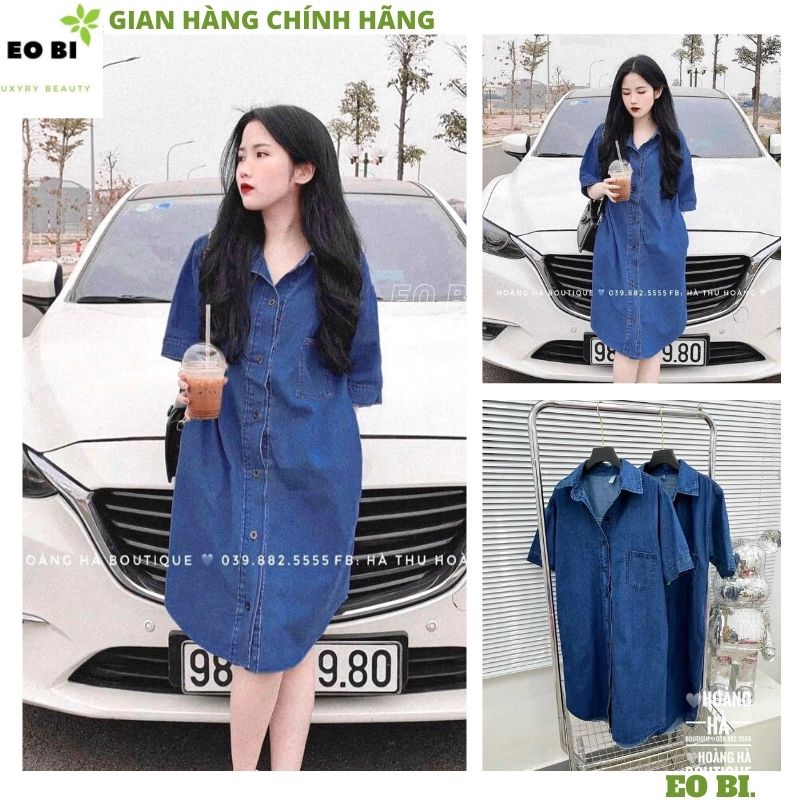 Váy đầm sơ mi jean ngắn tay cổ đức phối túi ngực vạt bầu dáng suông chất bò dày dặn phong cách hàn quốc - EOBI