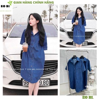 Váy đầm sơ mi jean ngắn tay cổ đức phối túi ngực vạt bầu dáng suông chất bò dày dặn phong cách hàn quốc - EOBI