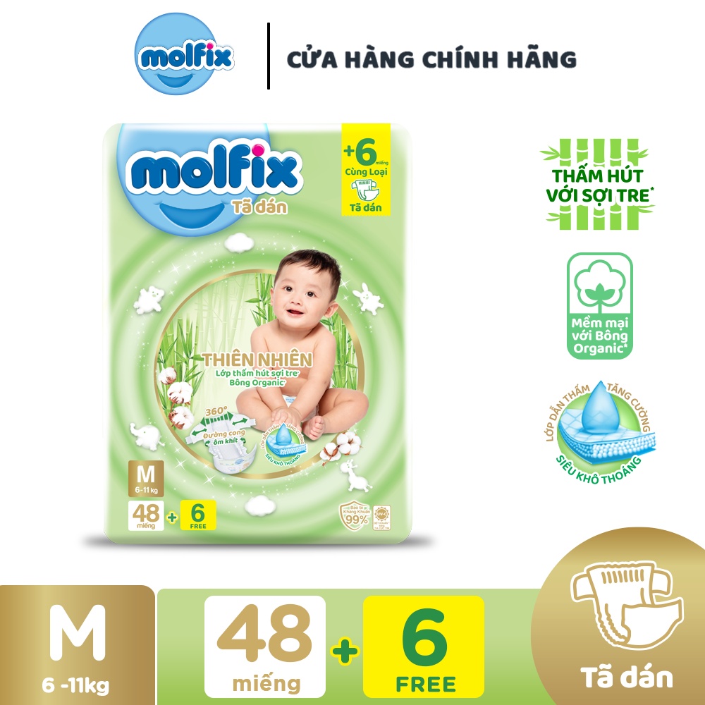 Tã/bỉm dán Molfix Thiên nhiên Jumbo M (6kg – 11kg) – Gói 48+6 miếng