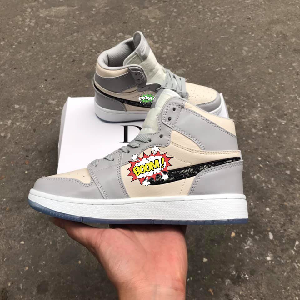 Giày thể thao nam nữ Jd trắng xám cao cổ, logo ren đen, chất liệu da PU | BigBuy360 - bigbuy360.vn