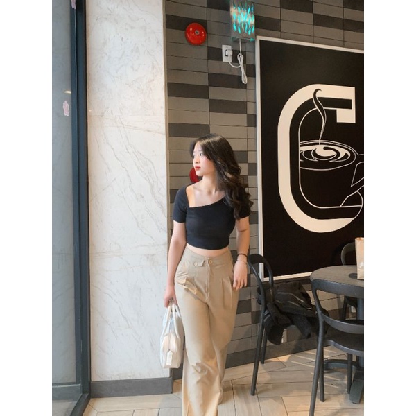 Áo thun gân dáng croptop Ulzzang cổ lệch basic dễ phối đồ