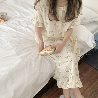 [ORDER] Đầm ngủ vải xô muslin họa tiết con thỏ nhiều màu thời trang ulzzang