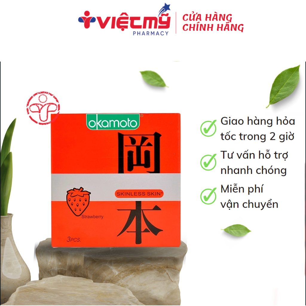 Bao cao su Okamoto Skinless Skin Strawberry Hộp 10 chiếc hương dâu siêu mỏng Việt Mỹ Pharmacy
