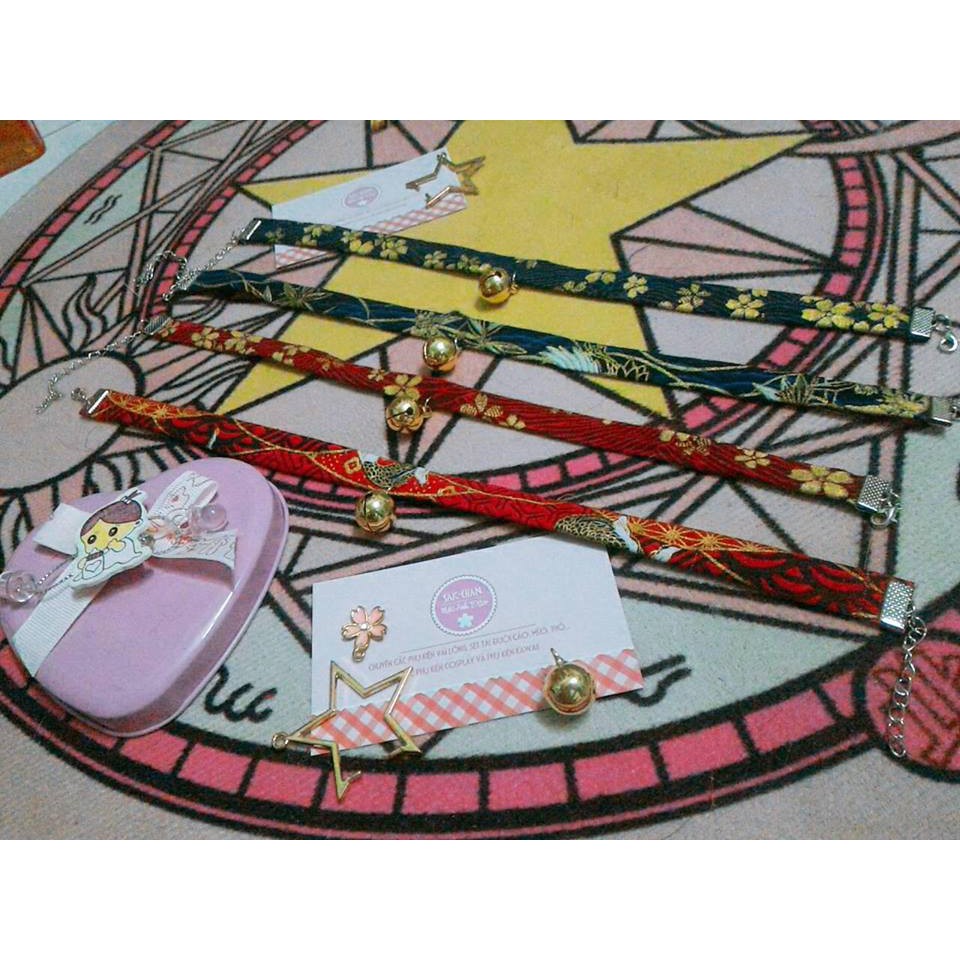 Choker vải họa tiết Nhật - nhũ vàng (logo sakura, hoa anh đào, mèo...)