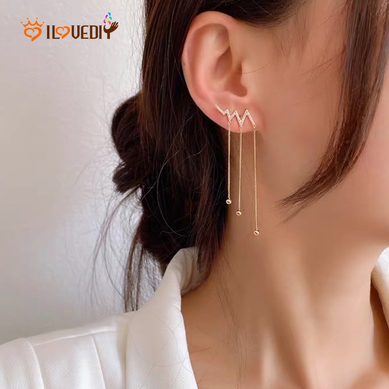 Đôi bông tai dáng dài đính đá phối tua rua phong cách Hàn Quốc cổ điển cho nữ