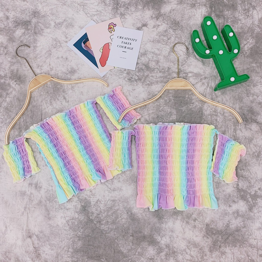 ÁO VOAN CROPTOP ÔM BODY NGẮN CO GIÃN - ÁO KIỂU CRT ULZANG NGẮN TAY BẸT TRỄ VAI CẦU VỒNG RAINBOW 98