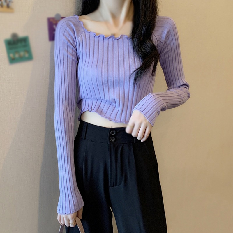 Áo dệt kim tay dài màu trơn dáng ôm thời trang mùa thu phong cách Hàn Quốc cho nữ