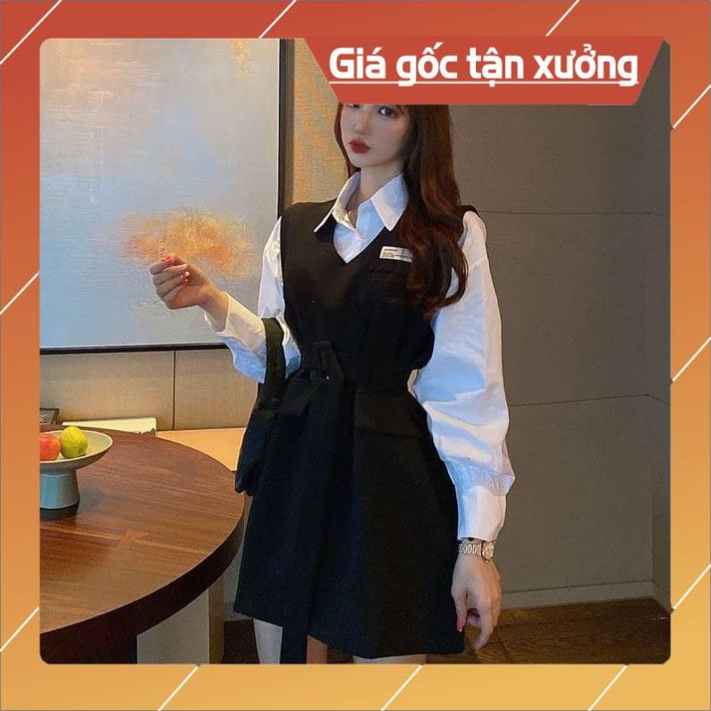 [Hàng Chất Lượng] Set Áo Sơ Mi + Đầm Suông Kèm Belt (ÁO TRẮNG + ĐẦM ĐEN) | BigBuy360 - bigbuy360.vn
