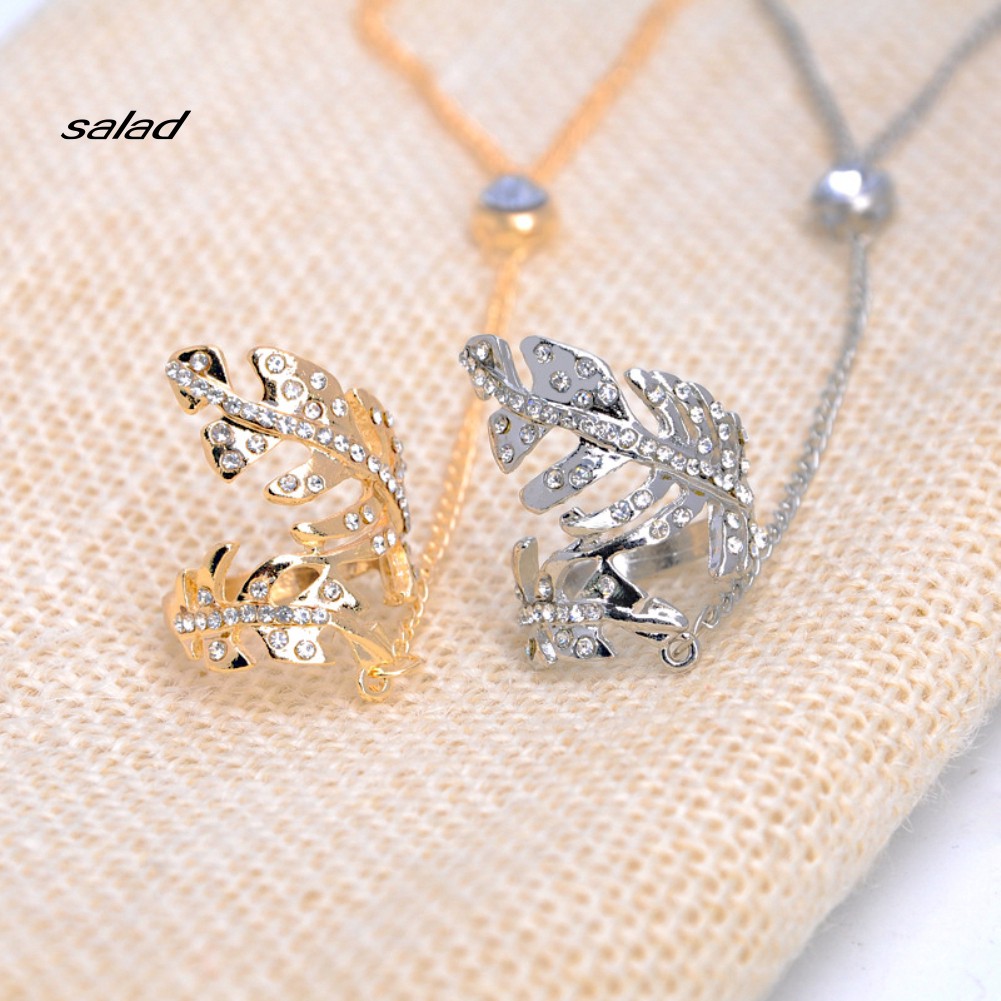 【SD】Fashion Women Rhinestone Golden Leaf Bracelet Chain Ring Integrated Jewelry