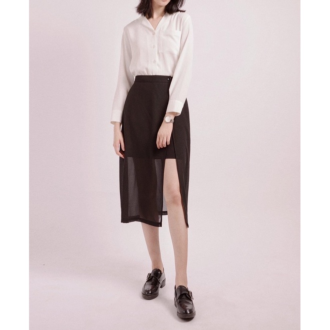 Chân váy xẻ dài nữ vải chiffon màu đen MADELEN