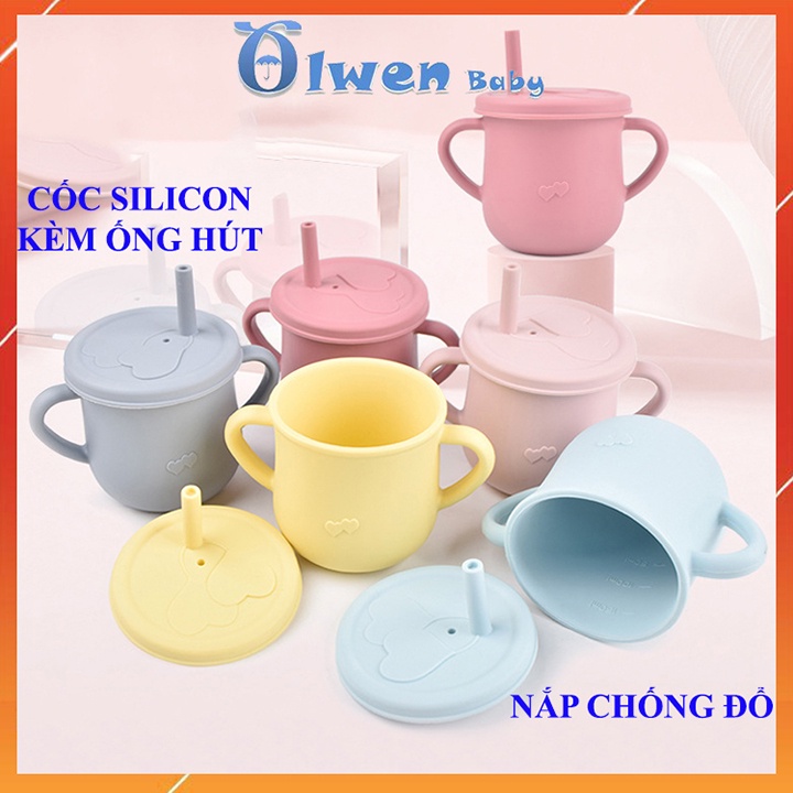 Bình Cốc Tập Uống Nước Dẻo Silicon Có Ống Hút, Nắp Đậy Chống Đổ Cho Bé 200ml Có Tay Cầm Và Chống Sặc Sữa An Toàn Cho Trẻ