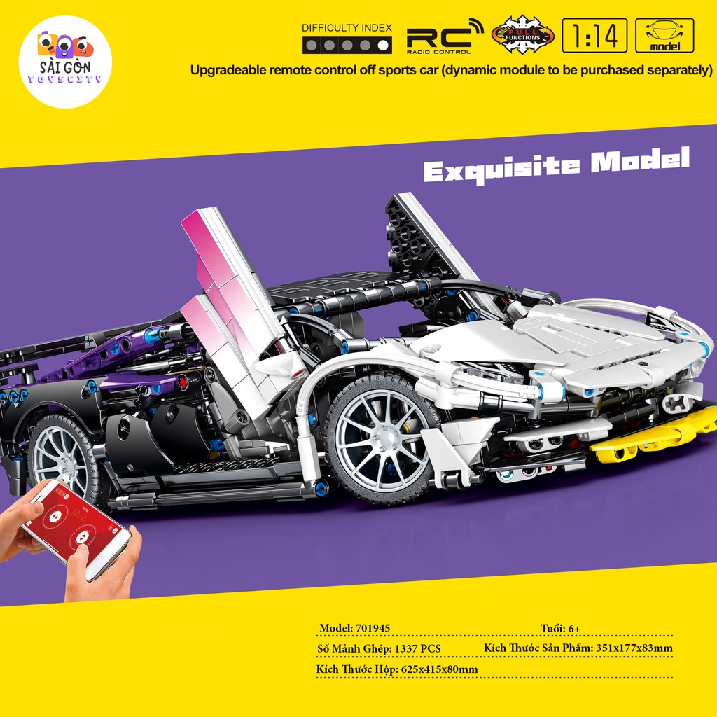 Đồ Chơi Lắp Ráp Kiểu LEGO Siêu Xe Điều Khiển Từ Xa Lamborghini Aventador SVJ White Hologram SEMBO 701945 Với 1337 PCS