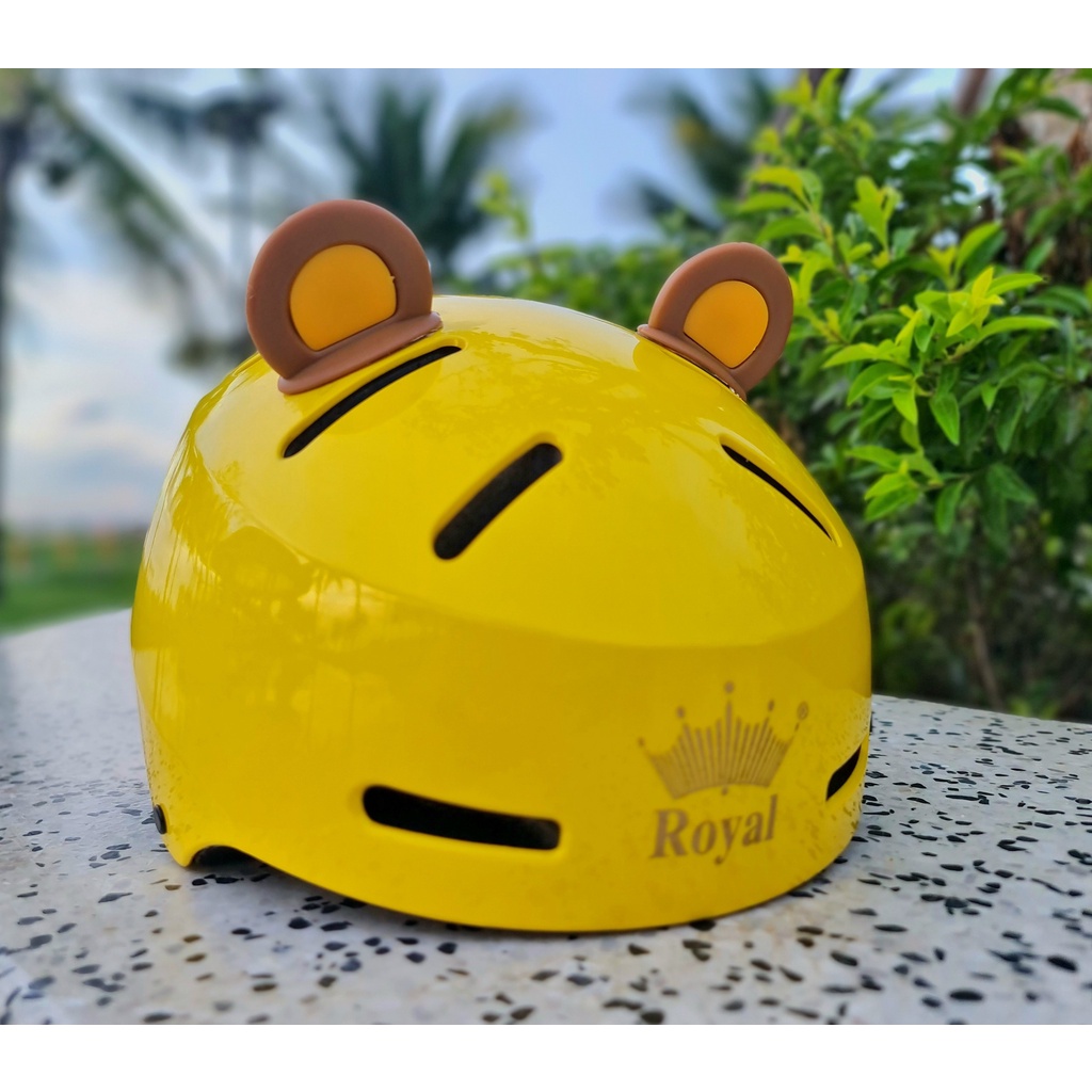 Combo Nón bảo hiểm Royal MD17 vàng bóng gắn tai gấu nâu vàng