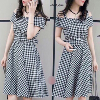 💕Đầm caro xoè 2 dây trễ vai (Free/big size 40-71kg) _ kèm ảnh sp thật