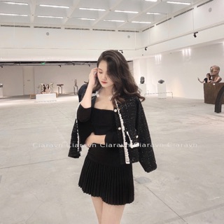 Áo dạ tweed đen viền bèo trắng
