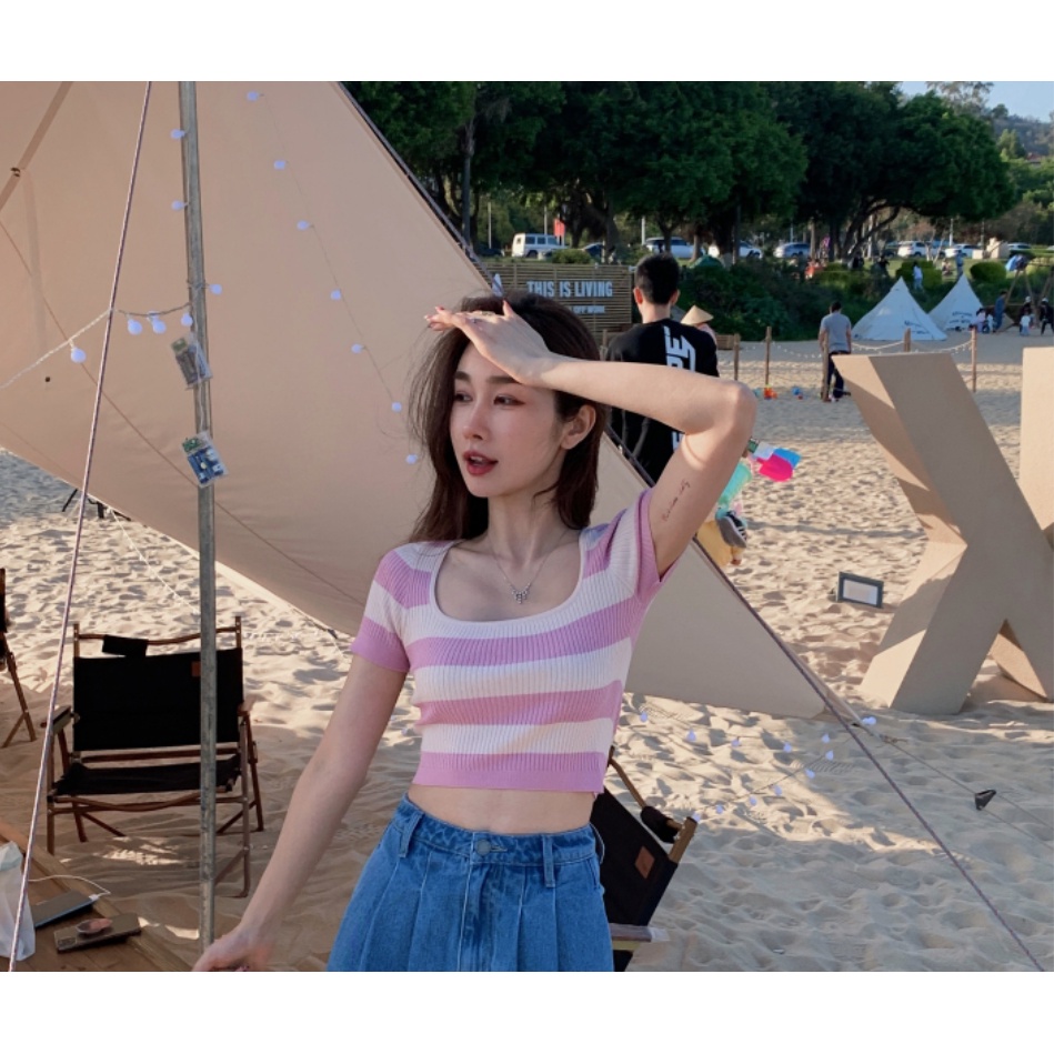 Áo Thun Croptop Ngắn Tay Cổ Vuông Họa Tiết Kẻ Sọc Phong Cách Hàn Quốc Thời Trang Mùa Hè Mới Cho Nữ