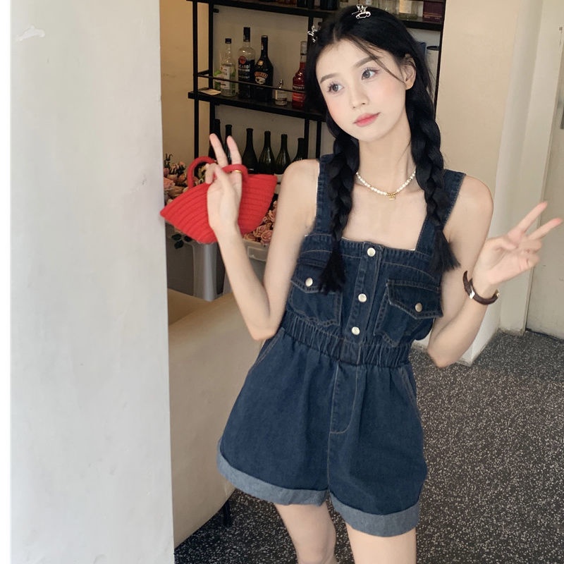 Quần Yếm Denim Ngắn Phong Cách Retro Thời Trang Mới Cho Nữ