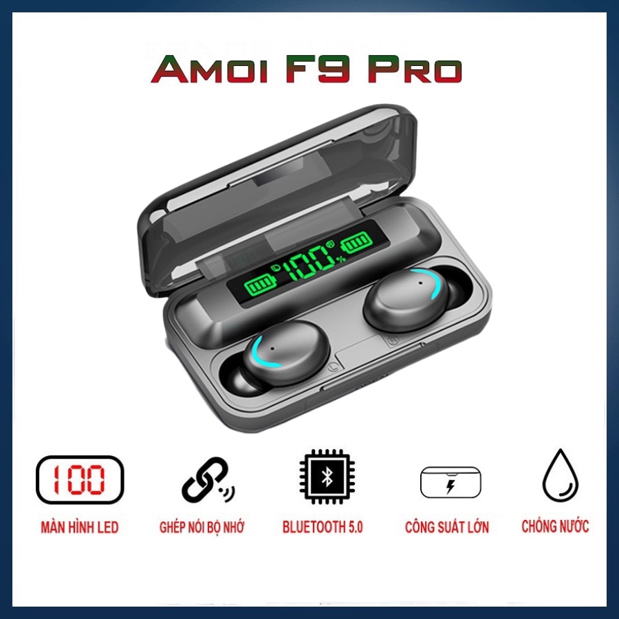 Tai nghe không dây Bluetooth TWS AMoi F9 Pro - Chống nước IP67 - Pin 2000maH - Dùng 600 tiếng