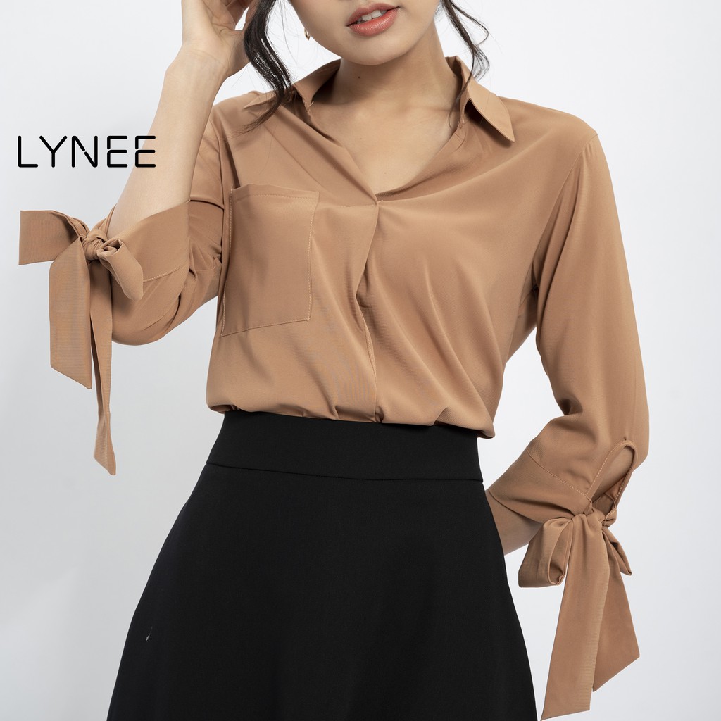 Áo sơ mi nữ tay dài thắt nơ LYNEE hàng thiết kế phối túi trước ngực thanh lịch, vải tơ nhung cao cấp A10