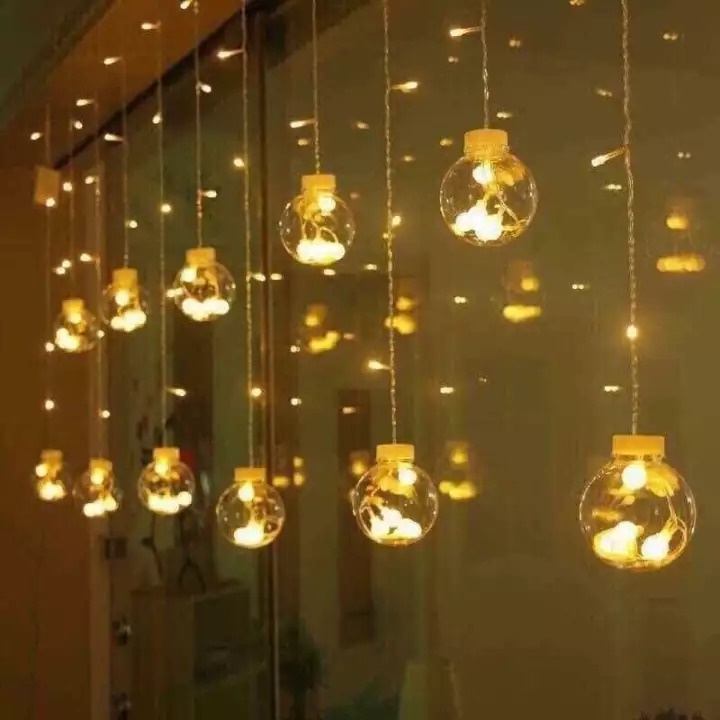 Đèn Rèm bóng banh trang trí decor phòng, ngang dài 4m thả 12 bóng tròn, Dây đèn LED trang trí Noel Tết