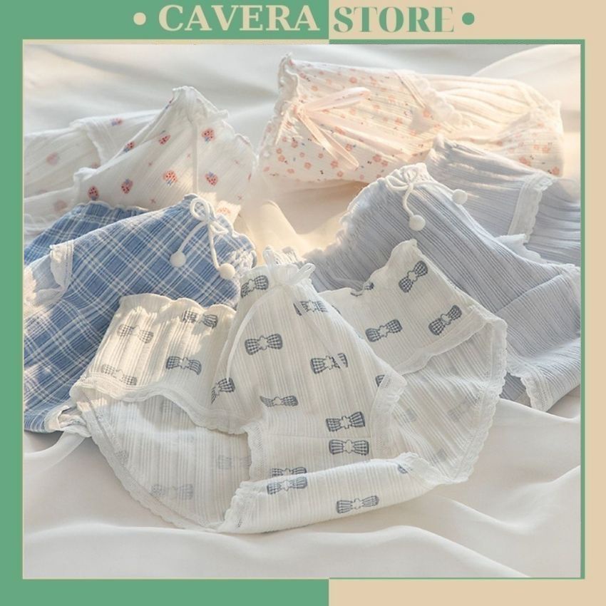 Quần lót nữ cotton viền ren gân tăm đinh nơ nhiều họa tiết dễ thương A128