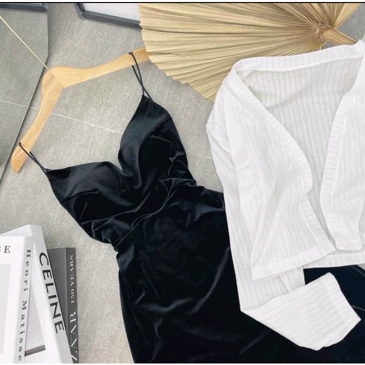 Đầm 2 dây có mút ngực chất vải Nhung+áo khoác chất vải Gân siu đẹp cam kết hàng y hình kèm ảnh chính chủ ( Size từ 40-53