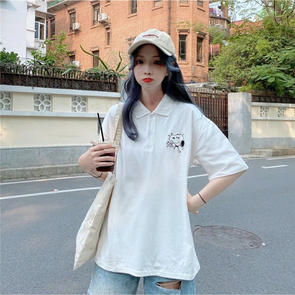 Áo Polo Cổ Trụ NUBI In Chú Chó Tay Lỡ Form Rộng Ulzzang (3 Màu)