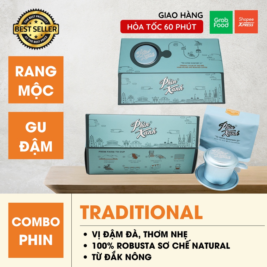 Combo Cà Phê Robusta Pha Phin Cafe Rang Xay Nguyên Chất Rang Mộc Gói Cao Cấp 250gram và Phin Nhôm Cafe Phin Xanh