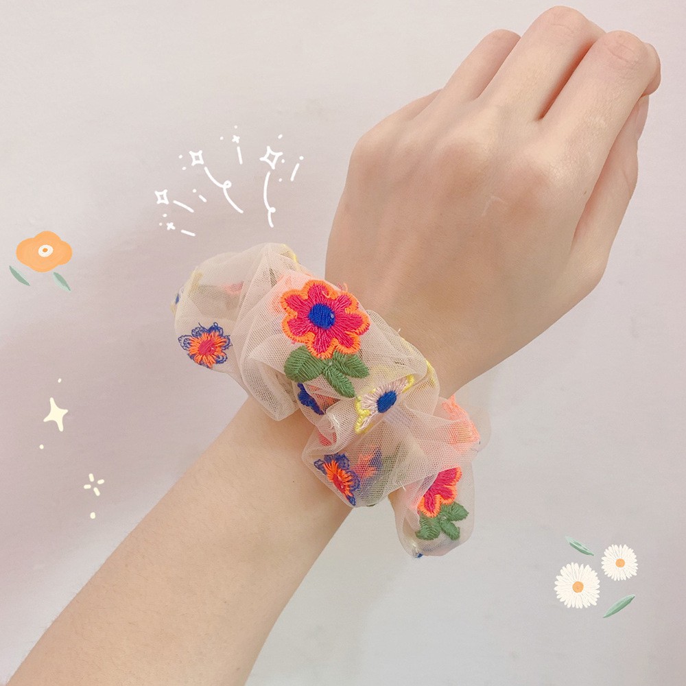 Cột Tóc Vải Scrunchie Voan Lưới Đính Hoa Thêu Nhiều Màu Dễ Thương