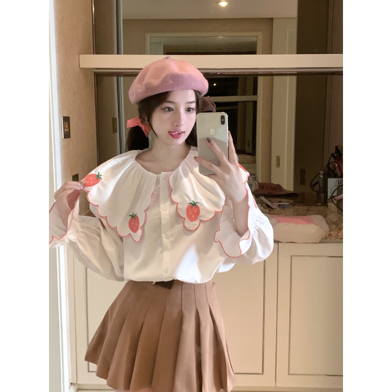 Áo Sơ Mi Trắng Cổ Búp Bê Họa Tiết Thêu Dâu Tây Phong Cách Hàn Quốc Ngọt Ngào