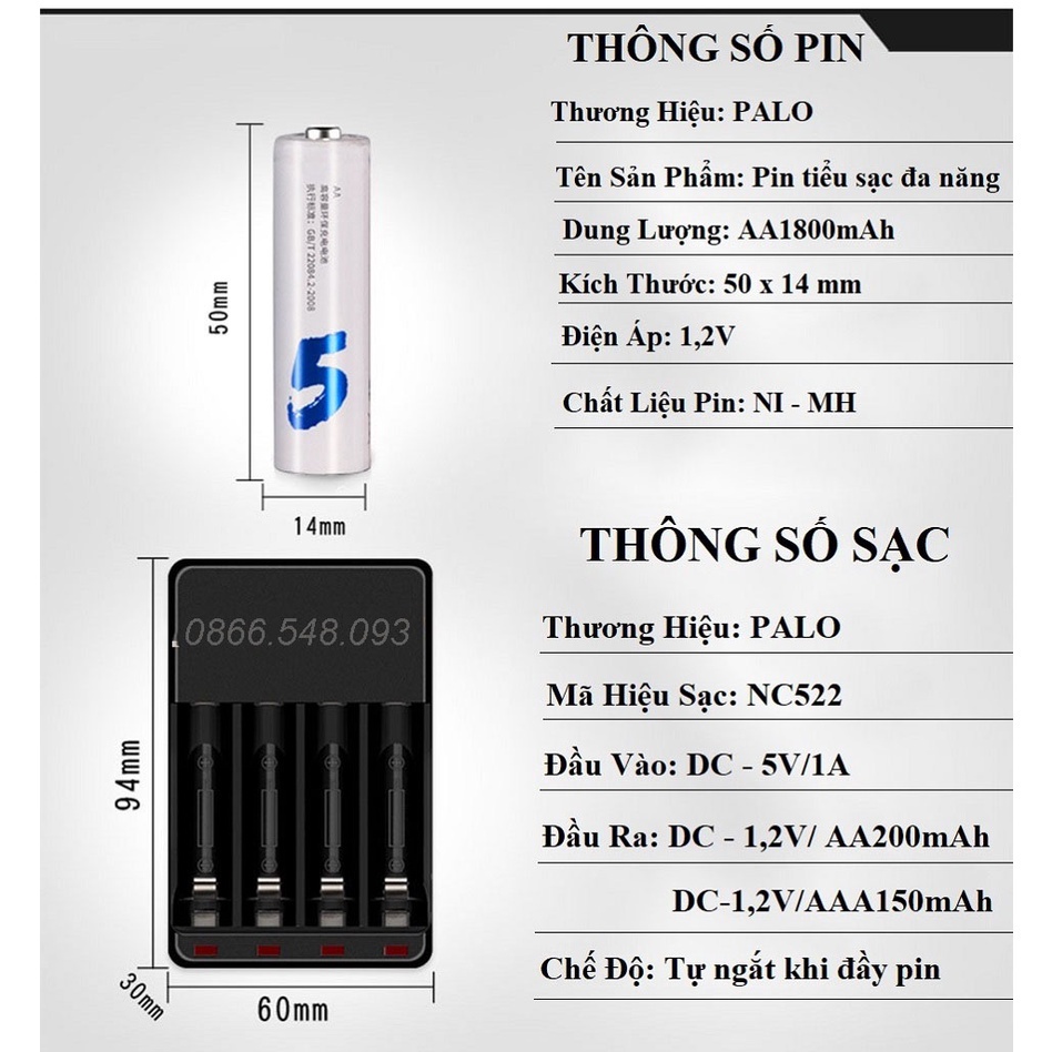 Bộ Sạc Pin Tự Ngắt Và 4 Pin Tiểu Sạc Palo AA 1800mAh Cho Xe điều khiển, Đồ chơi, Chuột Máy Tính