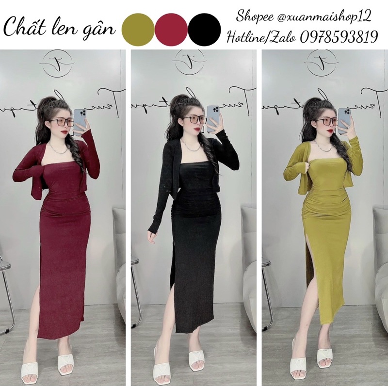 [FREESHIP] Set hai món đầm body nhún sườn form dài xẻ đùi + áo khoác croptop tay dài cùng màu