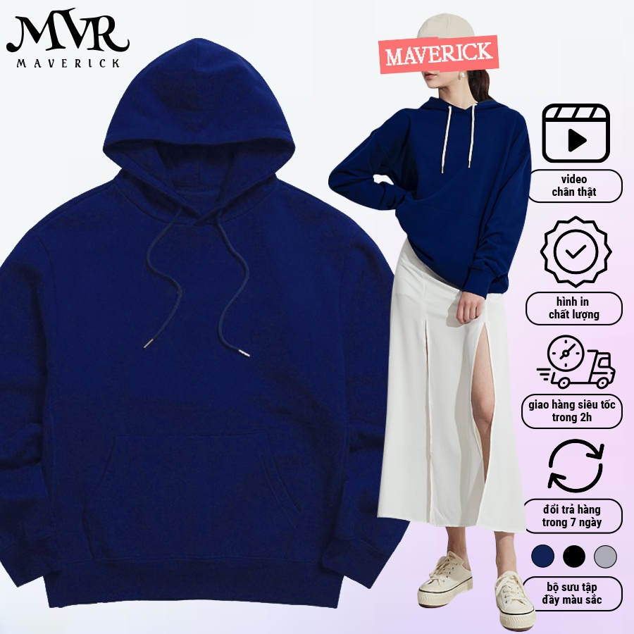 Áo Hoodie Trơn Unisex Nam Nữ Basic Cao Cấp Màu Xanh Navy MVR