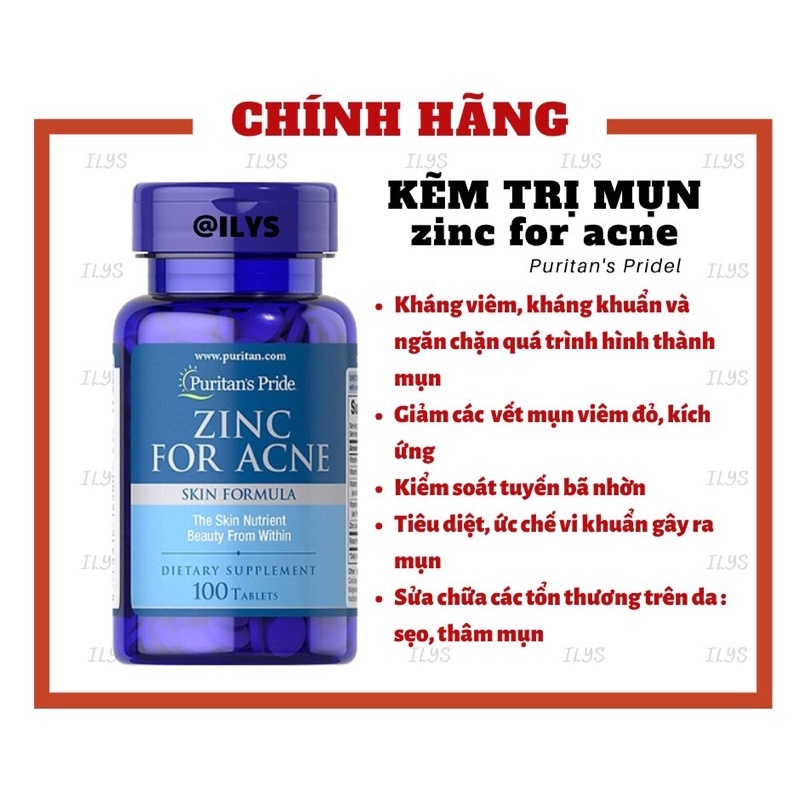 Viên uống bổ sung kẽm giảm mụn Zinc For Acne Puritan's Pride 100 viên