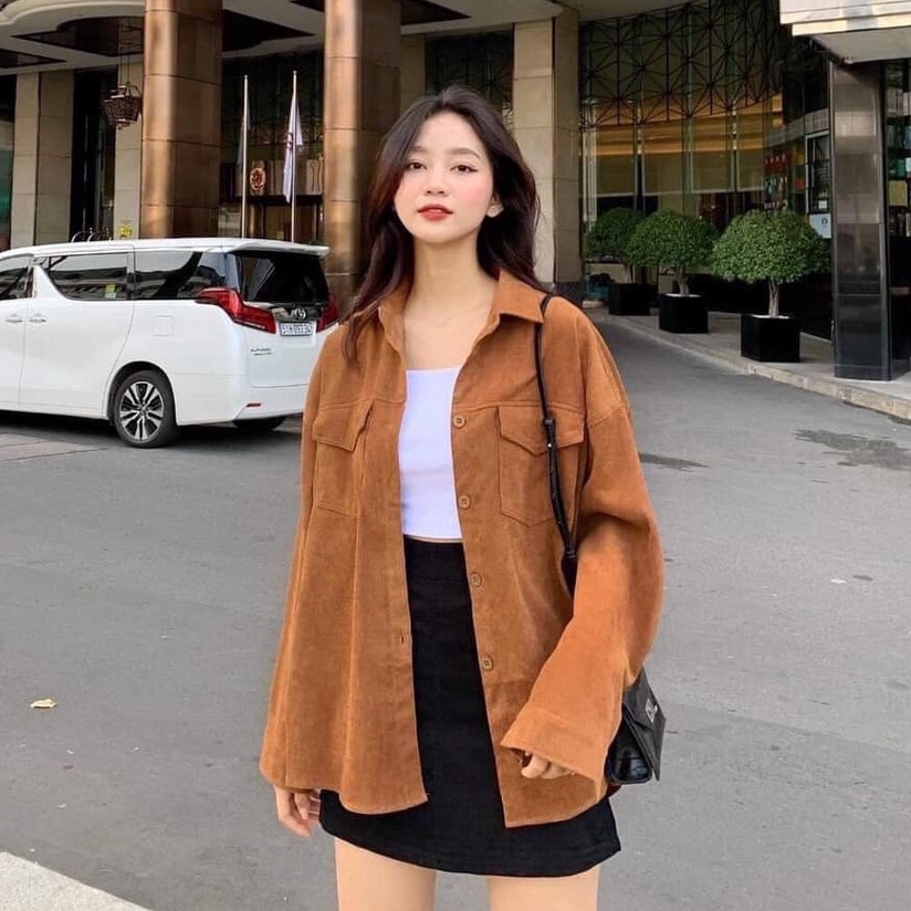 Set áo khoác sơ mi form rộng kèm áo 2 dây mix chân váy ngắn phong cách thời trang AD124