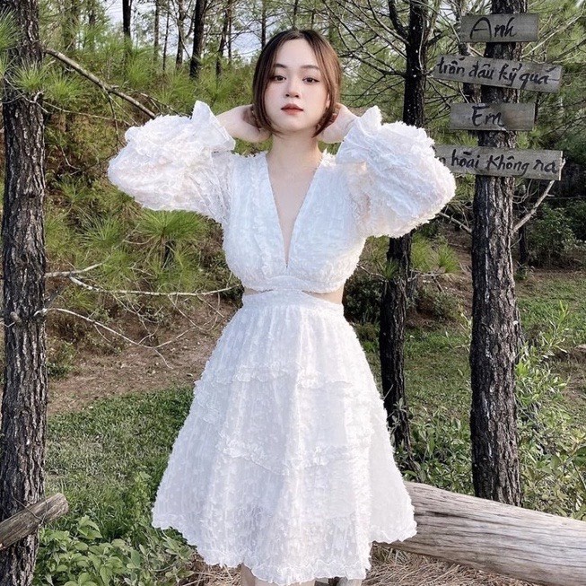 Đầm maxi đi biển lông trắng khoét tay dài có sẵn kèm ảnh thật