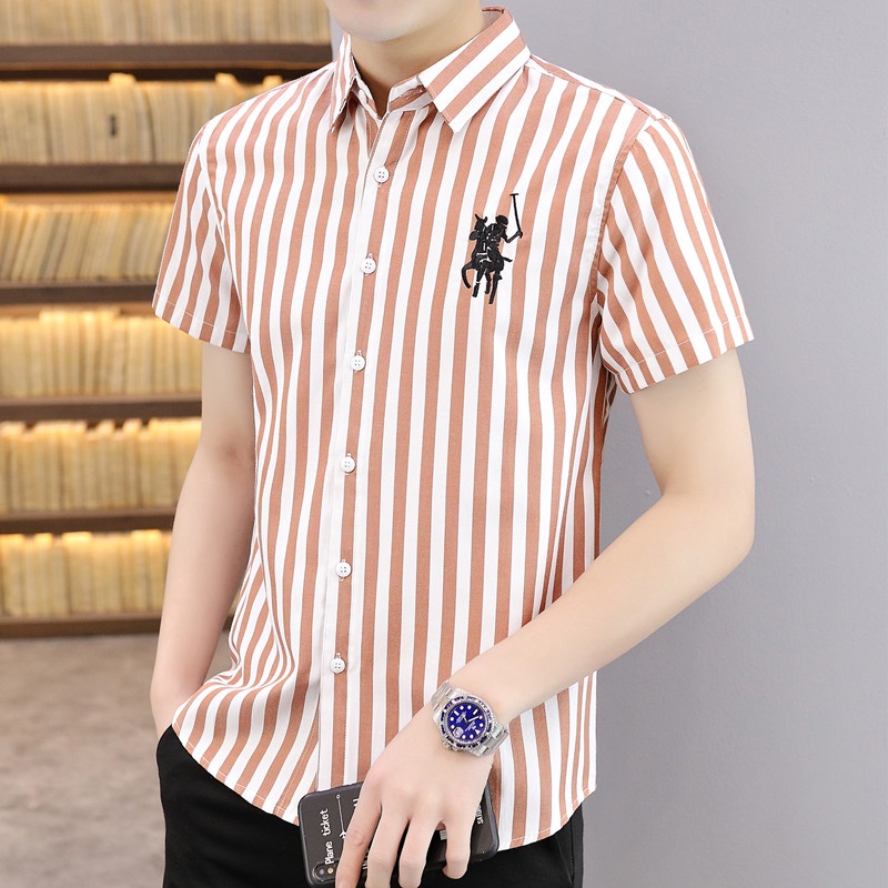 Áo Sơ Mi Cotton Tay Ngắn Dáng Ôm Thêu Họa Tiết Kẻ Sọc Thời Trang Mùa Hè Hàn Quốc Cho Nam 2022