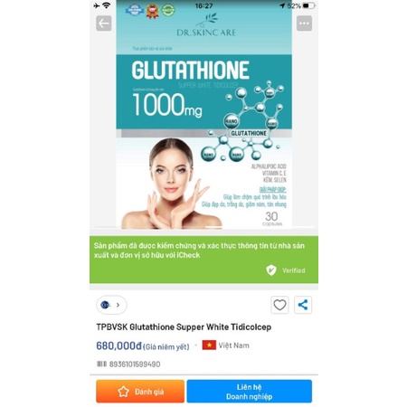 VIÊN UỐNG TRẮNG DA, NGỪA NÁM DR.SKINCARE GLUTATHIONE 1000MG