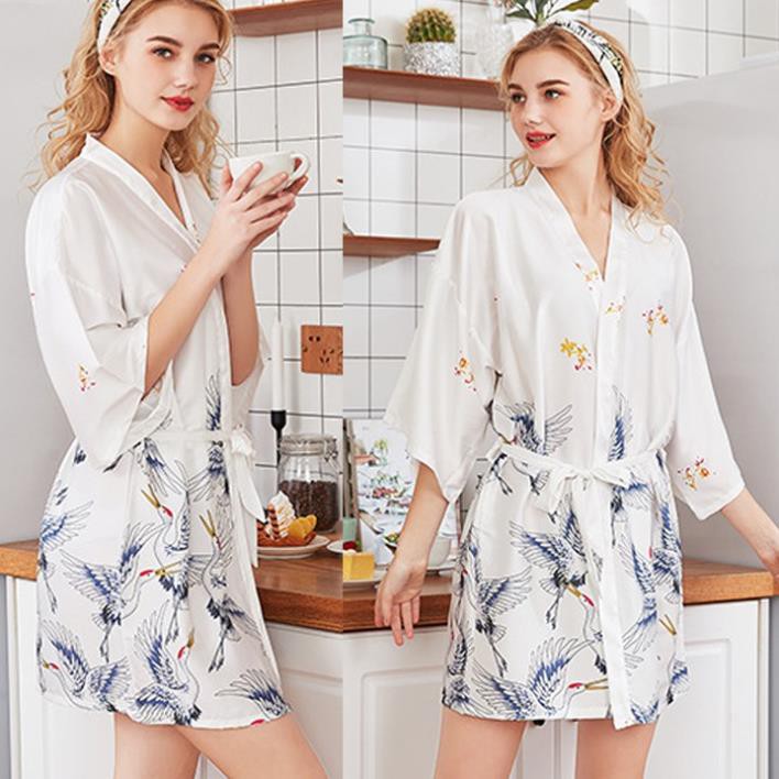 Áo choàng ngủ lụa cao cấp kiểu kimono in hình chim hạt sang trọng Thư Thư [HÀNG CAO CẤP] | BigBuy360 - bigbuy360.vn