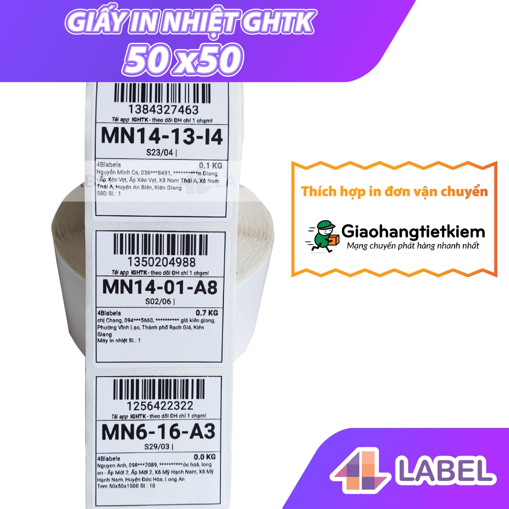 Giấy in nhiệt GHTK 50x50, cuộn 50m gần 1000 tem nhiệt cho GHN, Giao hàng nhanh, ghtk