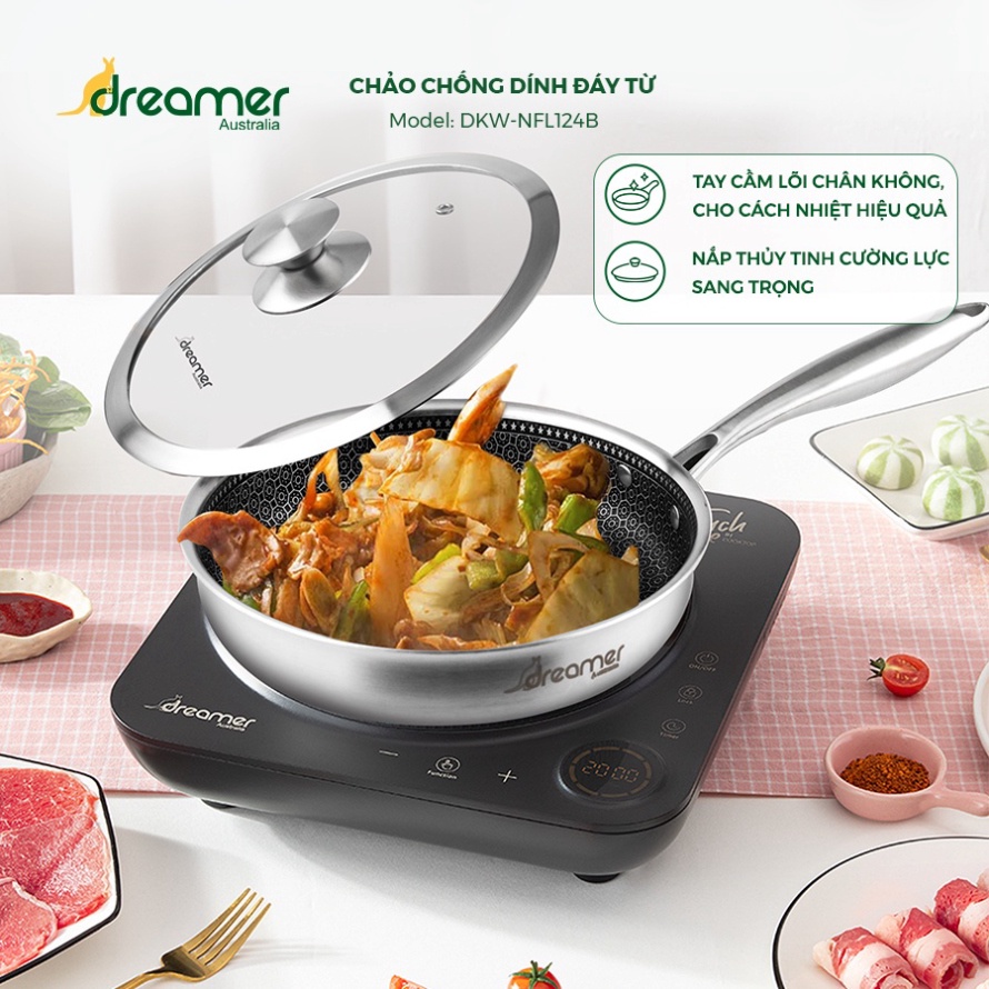 Chảo chống dính đáy từ 3 lớp đáy liền cao cấp Dreamer DKW-NFL124B Chảo bếp từ vân tổ ong bảo hành chính hãng