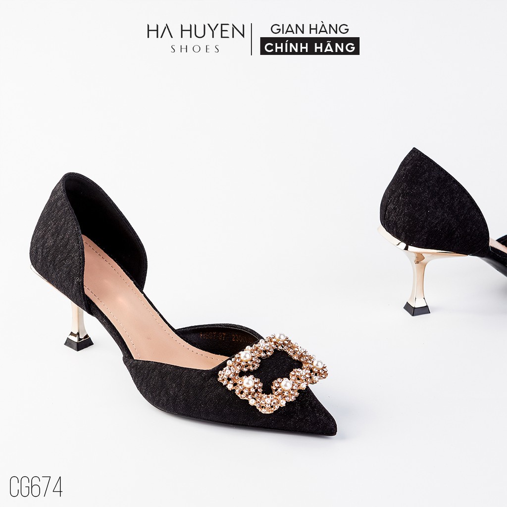 Giày cao gót nữ Hà Huyền Shoes nhũ đính nơ đá ngọc khoét eo gót nhọn 5 phân - CG674